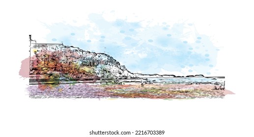 Building view with landmark of Peguera is the 
town in Spain. Watercolor splash with hand drawn sketch illustration in vector.