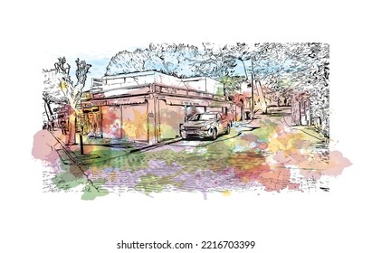 Building view with landmark of Peguera is the 
town in Spain. Watercolor splash with hand drawn sketch illustration in vector.