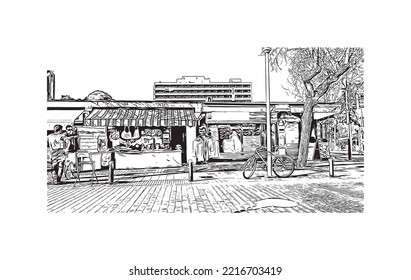 Building view with landmark of Peguera is the 
town in Spain. Hand drawn sketch illustration in vector.