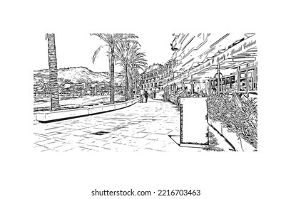 Building view with landmark of Peguera is the 
town in Spain. Hand drawn sketch illustration in vector.