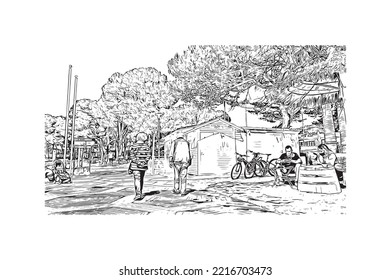 Building view with landmark of Peguera is the 
town in Spain. Hand drawn sketch illustration in vector.
