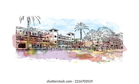 Building view with landmark of Peguera is the 
town in Spain. Watercolor splash with hand drawn sketch illustration in vector.