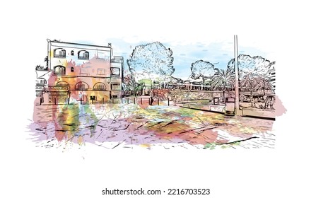 Building view with landmark of Peguera is the 
town in Spain. Watercolor splash with hand drawn sketch illustration in vector.