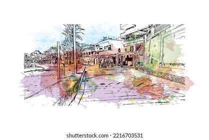 Building view with landmark of Peguera is the 
town in Spain. Watercolor splash with hand drawn sketch illustration in vector.