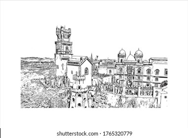 Building view with landmark of The Pena Palace  is a Romanticist castle in São Pedro de Penaferrim, in the municipality of Sintra, on the Portuguese Riviera. Hand drawn sketch illustration in vector