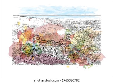 Building view with landmark of The Pena Palace  is a Romanticist castle in Sao Pedro de Penaferrim in Portuguese Riviera. Watercolor splash with Hand drawn sketch illustration in vector