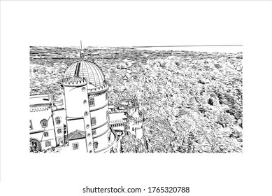 Building view with landmark of The Pena Palace  is a Romanticist castle in São Pedro de Penaferrim, in the municipality of Sintra, on the Portuguese Riviera. Hand drawn sketch illustration in vector