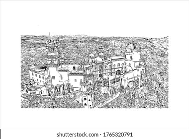 Building view with landmark of The Pena Palace  is a Romanticist castle in São Pedro de Penaferrim, in the municipality of Sintra, on the Portuguese Riviera. Hand drawn sketch illustration in vector