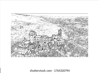 Building view with landmark of The Pena Palace  is a Romanticist castle in São Pedro de Penaferrim, in the municipality of Sintra, on the Portuguese Riviera. Hand drawn sketch illustration in vector