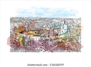 Building view with landmark of The Pena Palace  is a Romanticist castle in Sao Pedro de Penaferrim in Portuguese Riviera. Watercolor splash with Hand drawn sketch illustration in vector