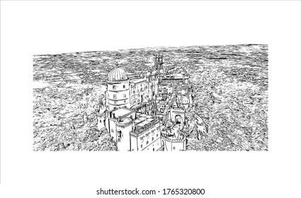 Building view with landmark of The Pena Palace  is a Romanticist castle in São Pedro de Penaferrim, in the municipality of Sintra, on the Portuguese Riviera. Hand drawn sketch illustration in vector