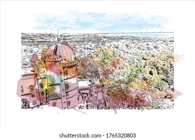 Building view with landmark of The Pena Palace  is a Romanticist castle in Sao Pedro de Penaferrim in Portuguese Riviera. Watercolor splash with Hand drawn sketch illustration in vector