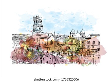 Building view with landmark of The Pena Palace  is a Romanticist castle in Sao Pedro de Penaferrim in Portuguese Riviera. Watercolor splash with Hand drawn sketch illustration in vector