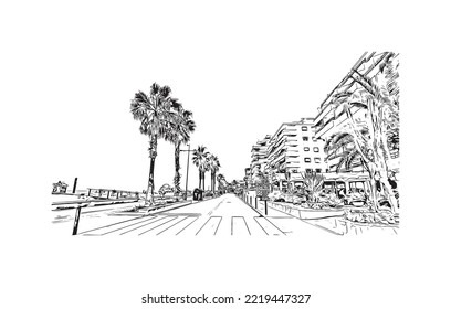 Building view with landmark of Peniscola is the 
municipality in Spain. Hand drawn sketch illustration in vector.