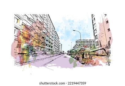 Building view with landmark of Peniscola is the 
municipality in Spain. Watercolor splash with hand drawn sketch illustration in vector.