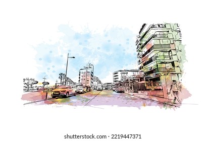 Building view with landmark of Peniscola is the 
municipality in Spain. Watercolor splash with hand drawn sketch illustration in vector.