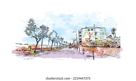 Building view with landmark of Peniscola is the 
municipality in Spain. Watercolor splash with hand drawn sketch illustration in vector.