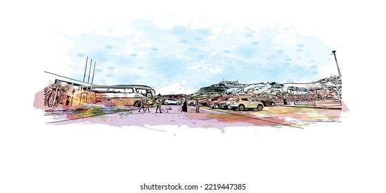 Building view with landmark of Peniscola is the 
municipality in Spain. Watercolor splash with hand drawn sketch illustration in vector.