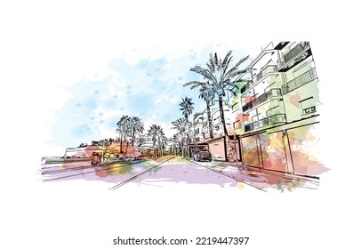 Building view with landmark of Peniscola is the 
municipality in Spain. Watercolor splash with hand drawn sketch illustration in vector.