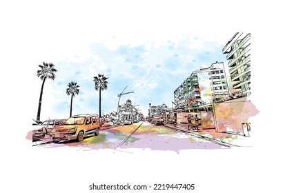 Building view with landmark of Peniscola is the 
municipality in Spain. Watercolor splash with hand drawn sketch illustration in vector.