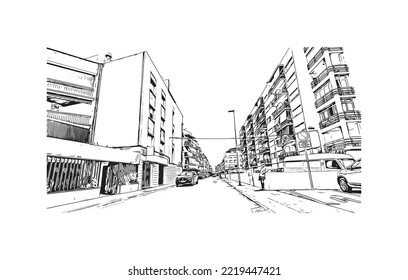 Building view with landmark of Peniscola is the 
municipality in Spain. Hand drawn sketch illustration in vector.