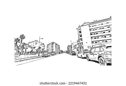 Building view with landmark of Peniscola is the 
municipality in Spain. Hand drawn sketch illustration in vector.
