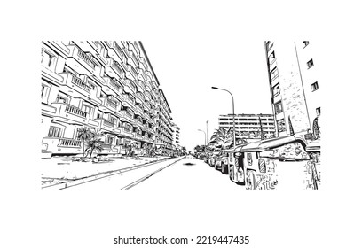 Building view with landmark of Peniscola is the 
municipality in Spain. Hand drawn sketch illustration in vector.