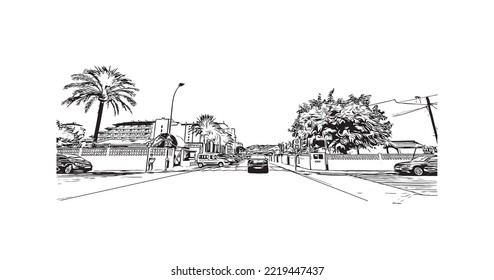 Building view with landmark of Peniscola is the 
municipality in Spain. Hand drawn sketch illustration in vector.