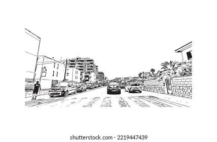 Building view with landmark of Peniscola is the 
municipality in Spain. Hand drawn sketch illustration in vector.