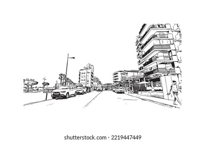 Building view with landmark of Peniscola is the 
municipality in Spain. Hand drawn sketch illustration in vector.