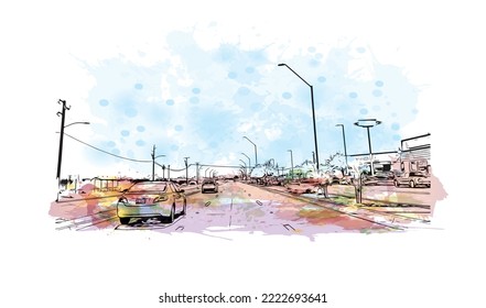 Building view with landmark of Peoria is the 
city in Illinois.
Watercolor splash with hand drawn sketch illustration in vector.