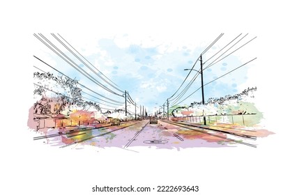 Building view with landmark of Peoria is the 
city in Illinois.
Watercolor splash with hand drawn sketch illustration in vector.