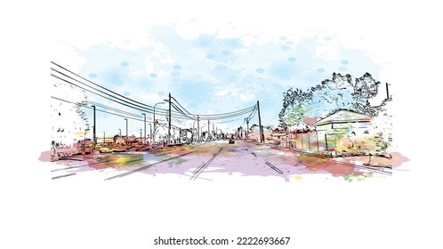 Building view with landmark of Peoria is the 
city in Illinois.
Watercolor splash with hand drawn sketch illustration in vector.