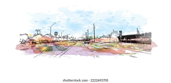 Building view with landmark of Peoria is the 
city in Illinois.
Watercolor splash with hand drawn sketch illustration in vector.