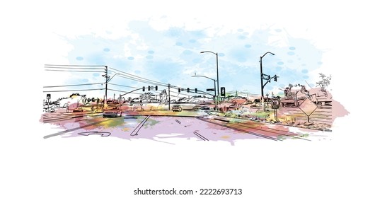 Building view with landmark of Peoria is the 
city in Illinois.
Watercolor splash with hand drawn sketch illustration in vector.