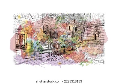 La vista de construcción con el punto de referencia de Perast es la 
ciudad de Montenegro. Salto de color de agua con ilustración de esbozo dibujada a mano en vector.