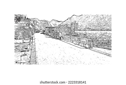 Building view with landmark of Perast is the 
town in Montenegro. Hand drawn sketch illustration in vector.