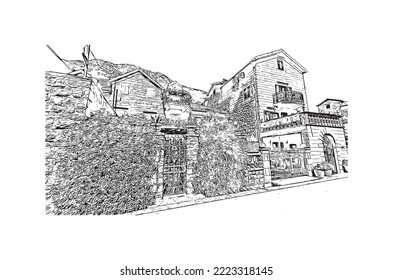 La vista de construcción con el punto de referencia de Perast es la 
ciudad de Montenegro. Dibujo a mano de ilustración de esbozo en vector.