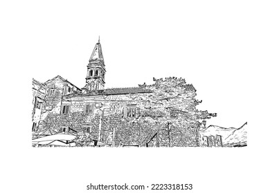 La vista de construcción con el punto de referencia de Perast es la 
ciudad de Montenegro. Dibujo a mano de ilustración de esbozo en vector.