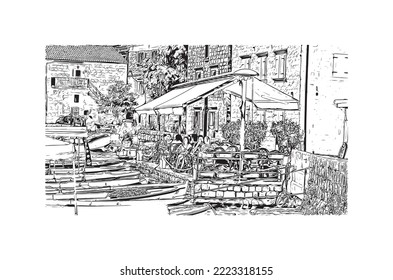 Building view with landmark of Perast is the 
town in Montenegro. Hand drawn sketch illustration in vector.