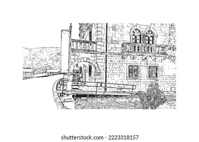 La vista de construcción con el punto de referencia de Perast es la 
ciudad de Montenegro. Dibujo a mano de ilustración de esbozo en vector.