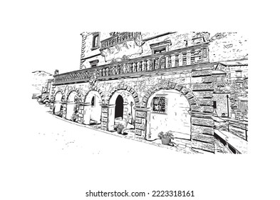 Building view with landmark of Perast is the 
town in Montenegro. Hand drawn sketch illustration in vector.
