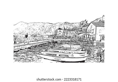 Building view with landmark of Perast is the 
town in Montenegro. Hand drawn sketch illustration in vector.