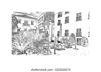 Building view with landmark of Perast is the 
town in Montenegro. Hand drawn sketch illustration in vector.
