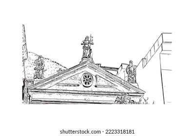 Building view with landmark of Perast is the 
town in Montenegro. Hand drawn sketch illustration in vector.
