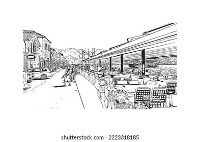 Building view with landmark of Perast is the 
town in Montenegro. Hand drawn sketch illustration in vector.