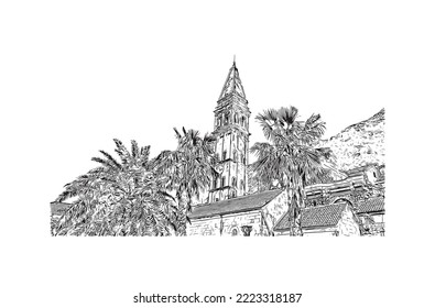 Building view with landmark of Perast is the 
town in Montenegro. Hand drawn sketch illustration in vector.