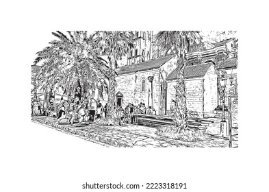 La vista de construcción con el punto de referencia de Perast es la 
ciudad de Montenegro. Dibujo a mano de ilustración de esbozo en vector.