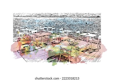 Building view with landmark of Perast is the 
town in Montenegro. Watercolor splash with hand drawn sketch illustration in vector.