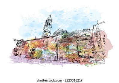 Building view with landmark of Perast is the 
town in Montenegro. Watercolor splash with hand drawn sketch illustration in vector.